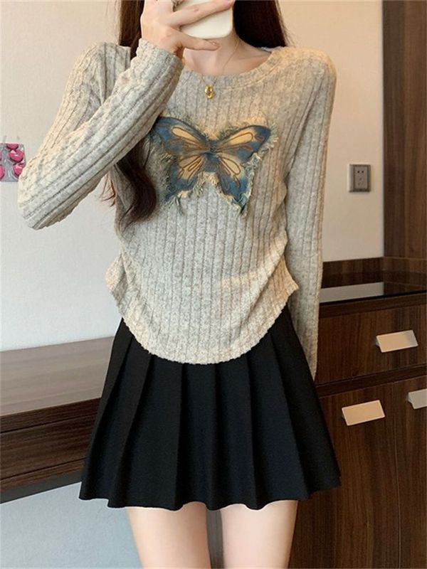 ホットガールスリムバタフライパッチショルダー長袖Tシャツレディース秋冬デザインスリムインナーレイヤリングシャツトップトレンディ|undefined
