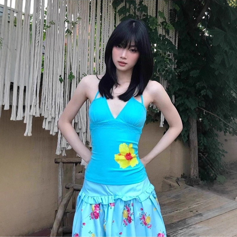 Vacation Style Sexy Camisole Women's Summer Wear Floral Print Sleeveless T-Shirt Slimming Look Halter Top