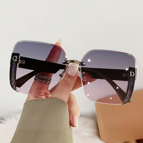 23 cross-border new style frameless edge-cut D's fashion sunglasses with large frame, small face, high-end sense, plain face and versatile sunglasses