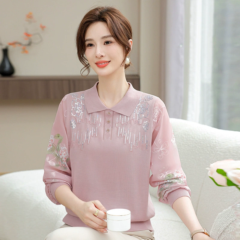 2025 новое весеннее платье для мамы с рукавами из шифона, модная вязаная блузка для женщин среднего и старшего возраста, летняя тонкая футболка, элегантный топ