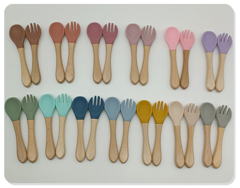 Wood, Silica Gel Material Solid Color Pattern Casual Style Casual Solid Color Wood Silica Gel Spoon Fork 2 Pieces Set