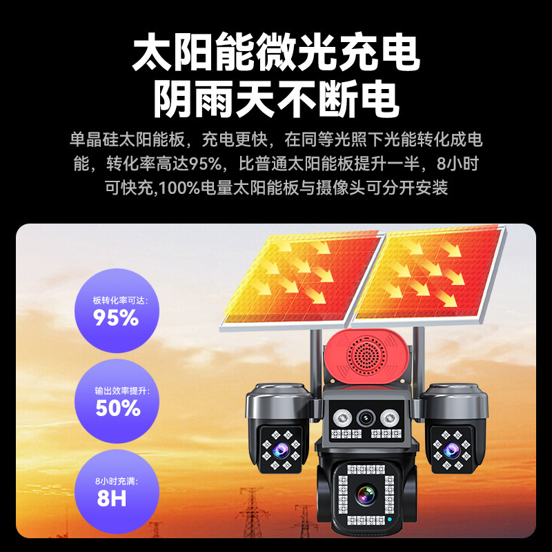AOV太阳能监控四画面360度无死角手机远程无电无网室外夜视4G摄像|undefined