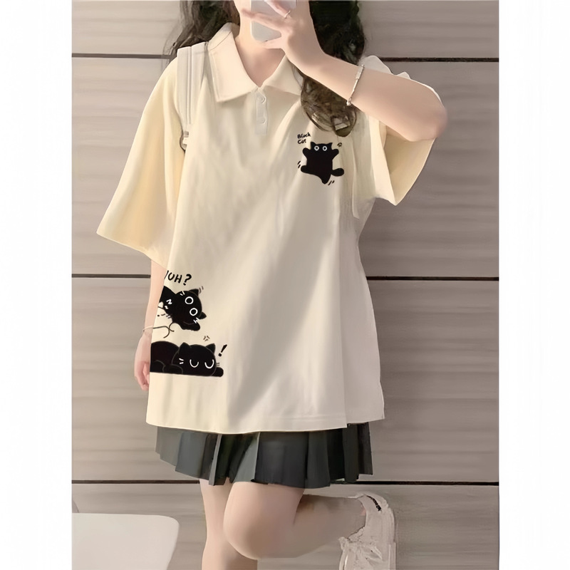 Lapel Polo Shirt Short-Sleeved T-Shirt for Women, Apricot Color, New Summer Style, Cute Cat Paw Design, Loose Pure Cotton Top for Students