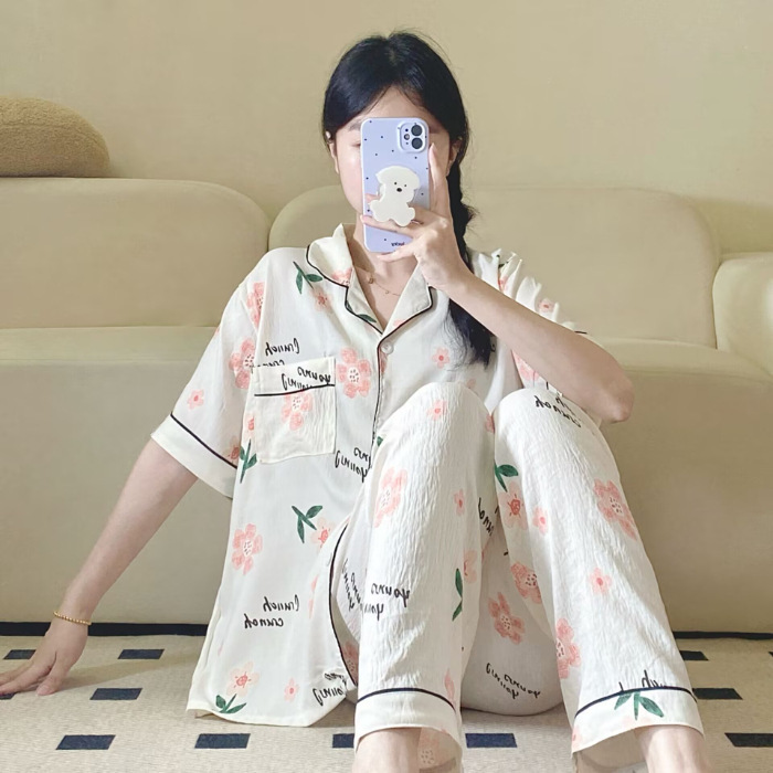 Verano nuevo pijama de amor mujer adorable oso simple ocio delgado nubes algodón ropa doméstica dos piezas conjunto al por mayor