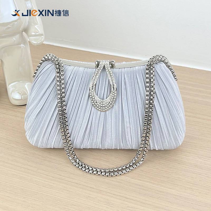 New Cross-Border Pleated Evening Bag Solid Color Handbag Simple Versatile Trendy Elegant Cheongsam Banquet Bridal Women's Bag - Thumbnail 7