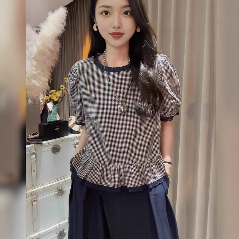 Designed Lace Plaid Shirt Women's Summer French Retro Fashion Contrast Color Shirt Puff Sleeve Top