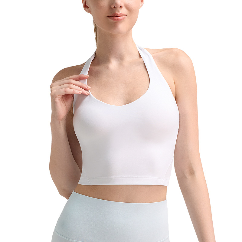 Sujetador deportivo halter de tela cepillada con tacto suave para mujer, diseño sexy en la espalda, sujetador de yoga adelgazante, estilo Lulu con almohadillas en el pecho, top de fitness.
