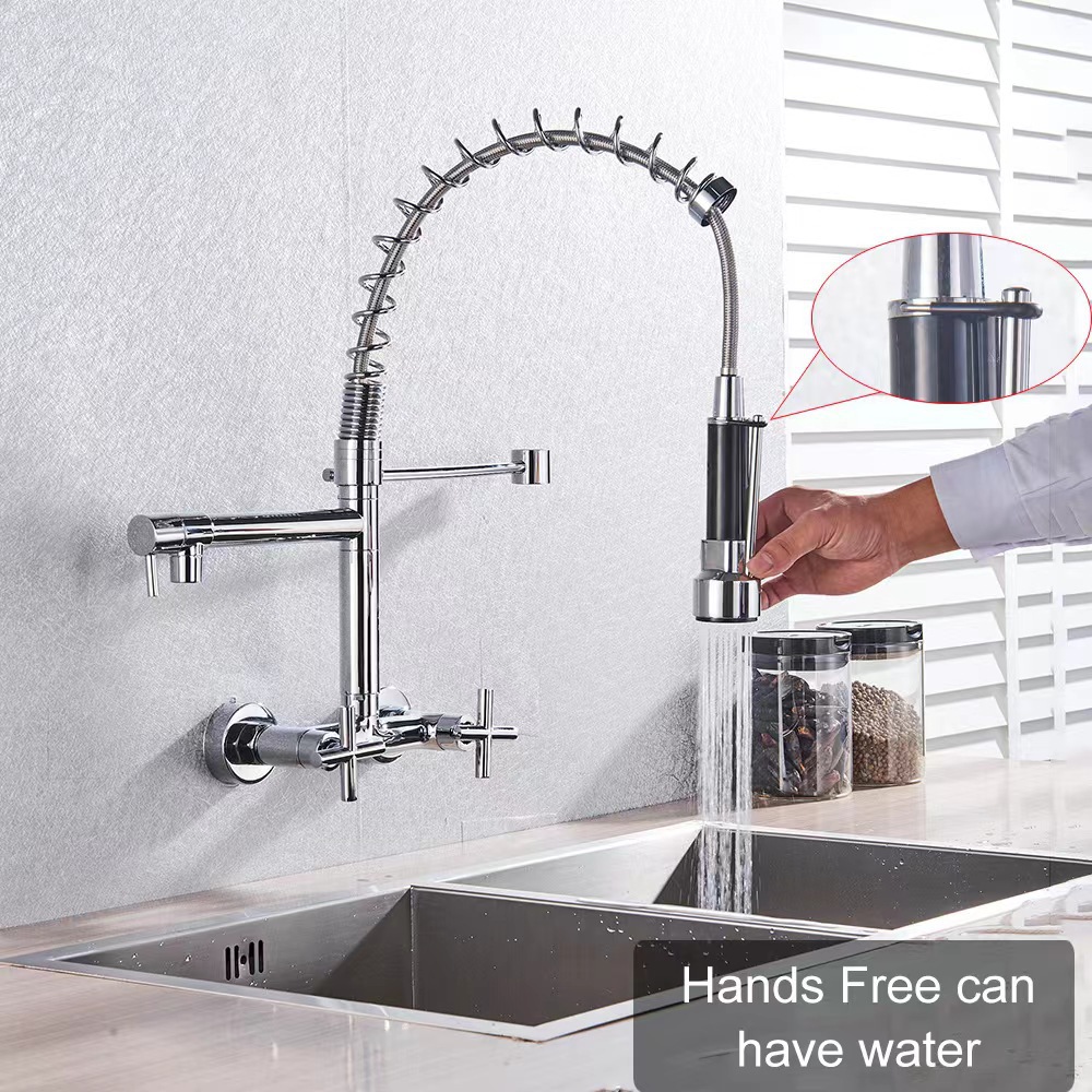 Ousapai semi-copper wall-mounted hot and cold exposed spring kitchen faucet, wall-mounted double-handle spring faucet undefined