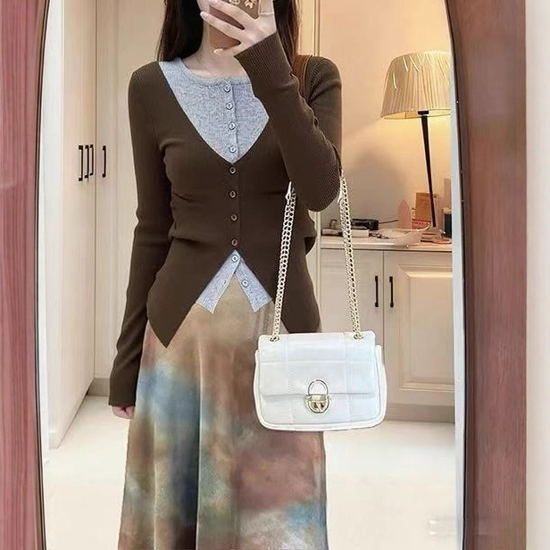 法式高级感洋气修身显瘦百搭长袖V领拼接撞色假两件针织衫上衣女|undefined
