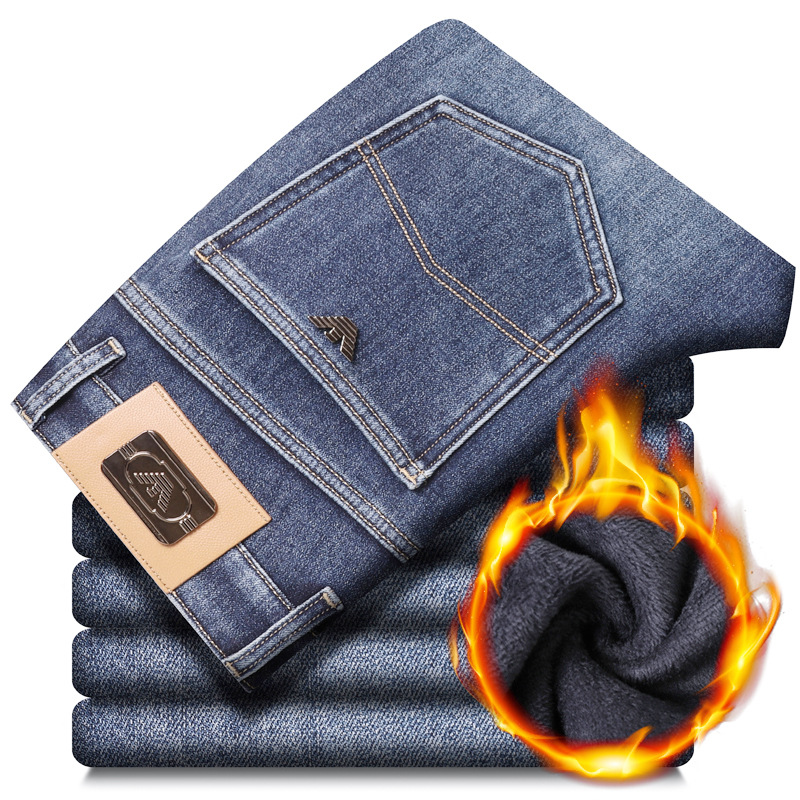 高端加绒加厚牛仔裤男士冬季保暖裤2022新款大品牌外贸直筒法兰绒