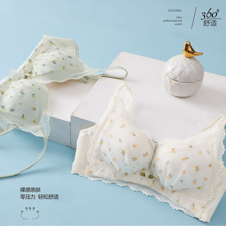 8019 francés floral gasa encaje Correa delgada belleza espalda ropa interior de las mujeres cómodo inalámbrico medio Delgado sujetador transpirable traje