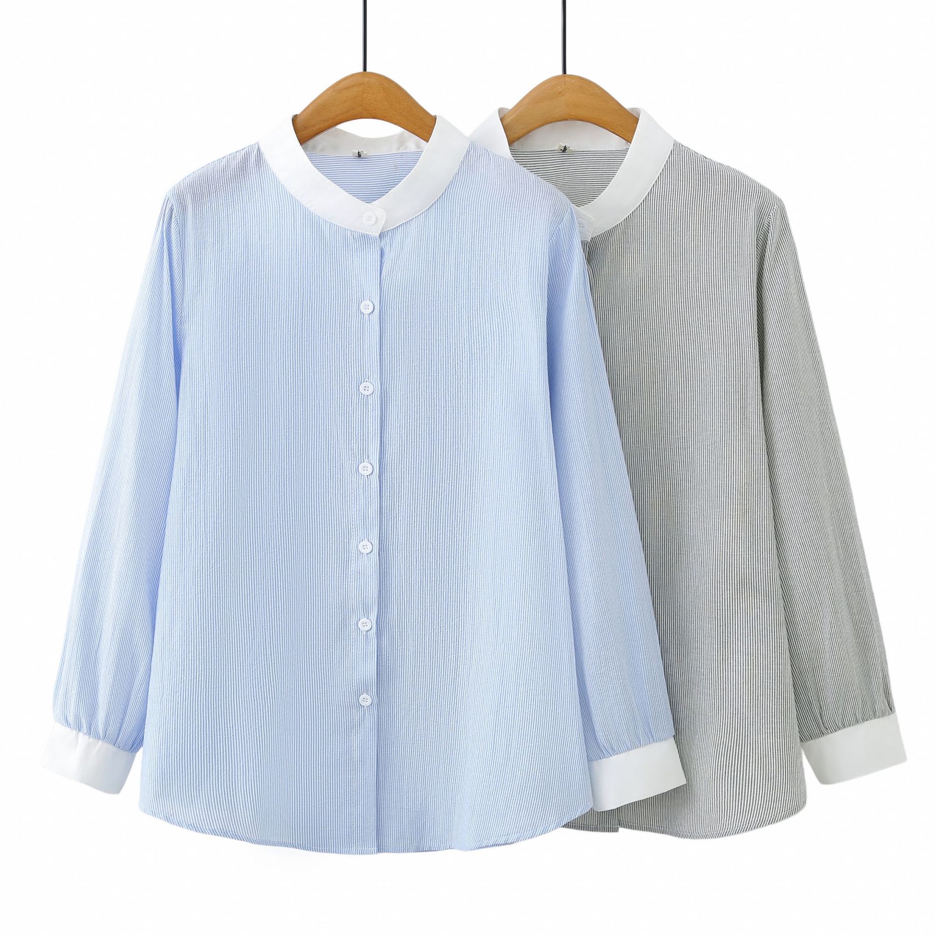 【Special】 100kg New Autumn Style for Plus-Size Girls: Fresh and Simple Color-Block Stand-Collar Long-Sleeve Shirt, Plus Size Blouse 0804
