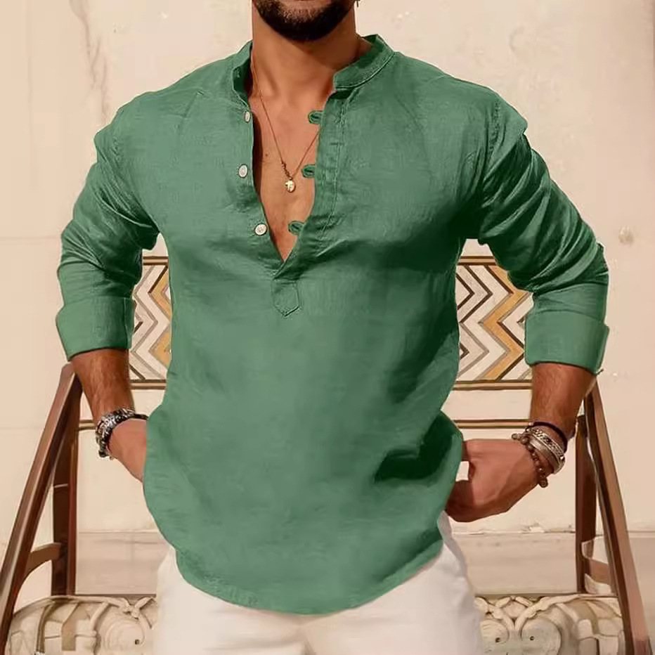 Nuevo 2023 camisa de primavera de los hombres de color sólido Henley cardigan manga larga suelta solapa de algodón y lino de los hombres camisa