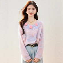 自留款推荐~立体花朵V领长袖针织衫女秋冬新款小香风漂亮百搭毛衣