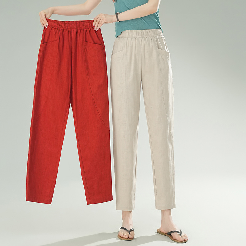 Women's Cotton-Linen Harem Carrot Pants, Plus-Size, Loose High-Waisted, Cropped, Linen, 2026 Spring/Summer Thin Straight-Leg Casual Pants