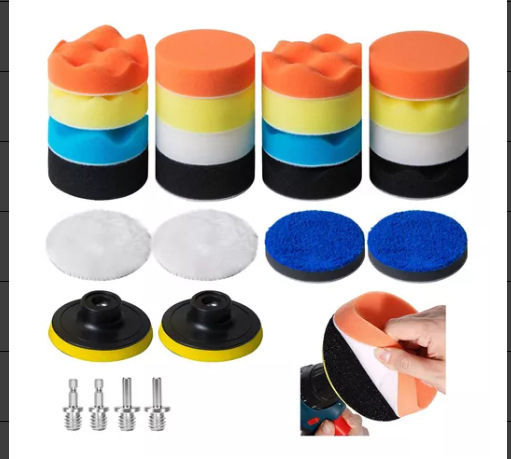 El fabricante suministra un kit de esponjas para pulir automóviles de 22 piezas, una rueda de pulido de esponja autoadhesiva y un juego de ruedas de lana para usar con taladro eléctrico.
