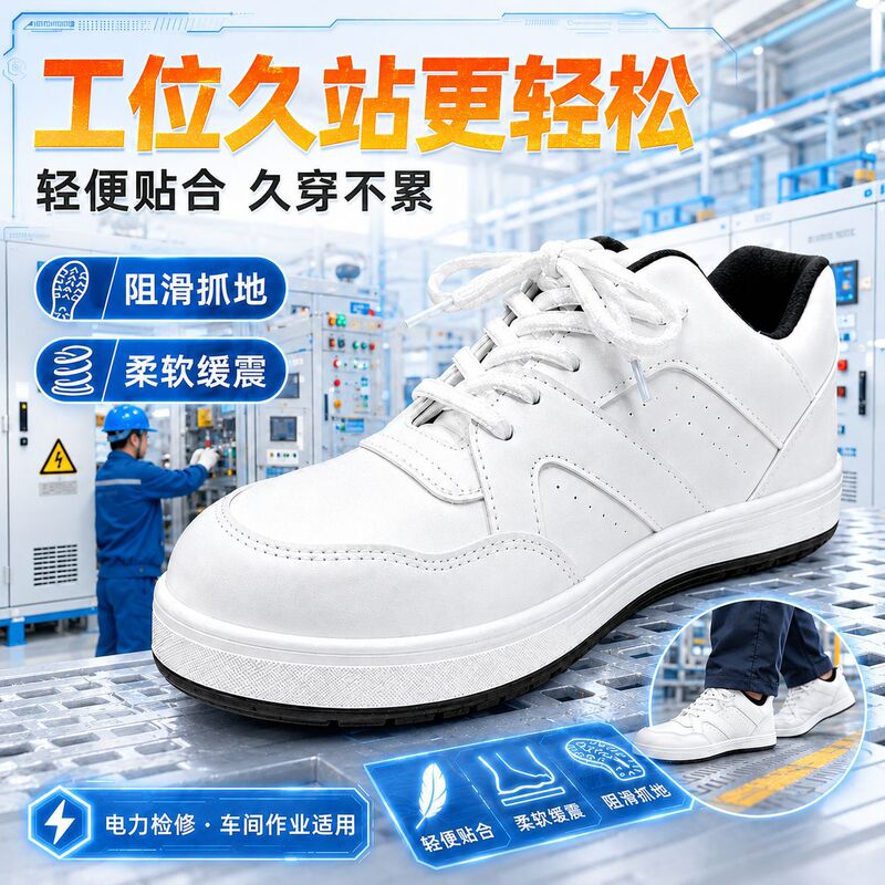 White Anti-Wear, Durable Protective Work Shoes for Electrical Manufacturing, Anti-Smash, Anti-Puncture, Non-Slip, Lightweight