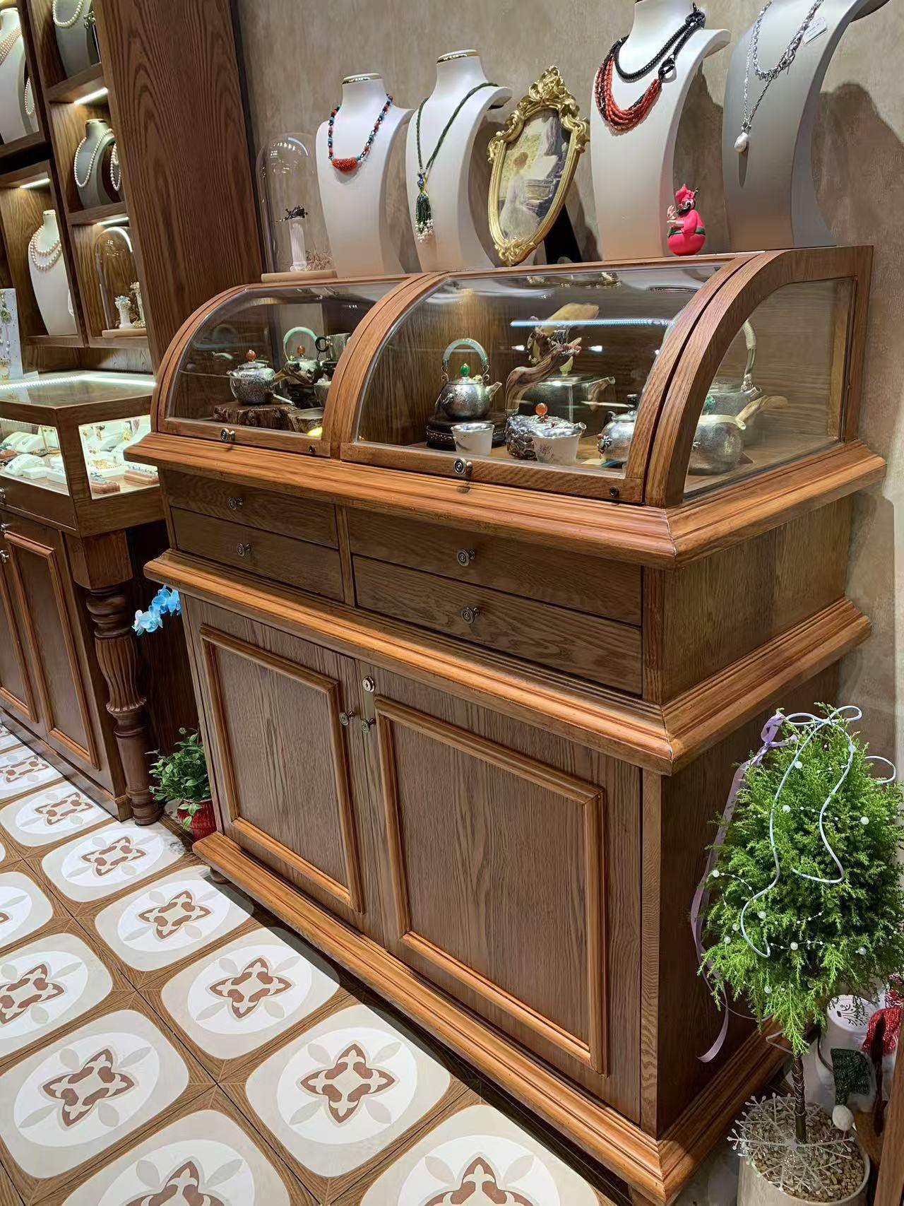 美式复古实木珠宝展示柜古玩玉器透明陈列首饰品弧形玻璃储物