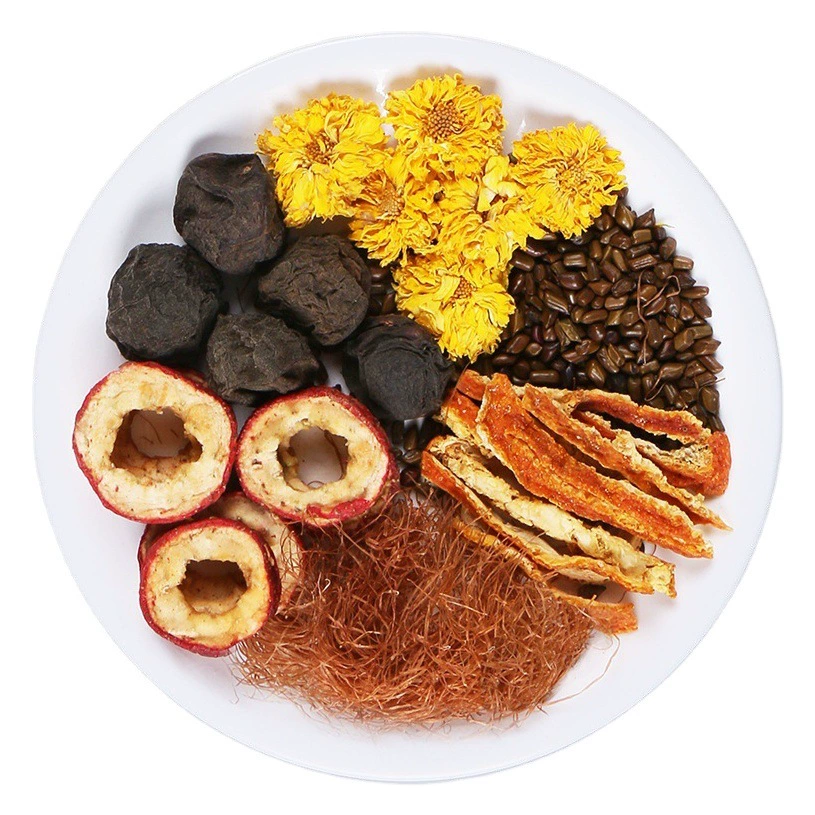 Чай из черной сливы и боярышника, чай из кожуры мандарина, чай из черных ягод годжи и хризантемы в пакетиках, чай из пории и кукурузного ваты, чай из кожуры мандарина, хризантемы и семян кассии.