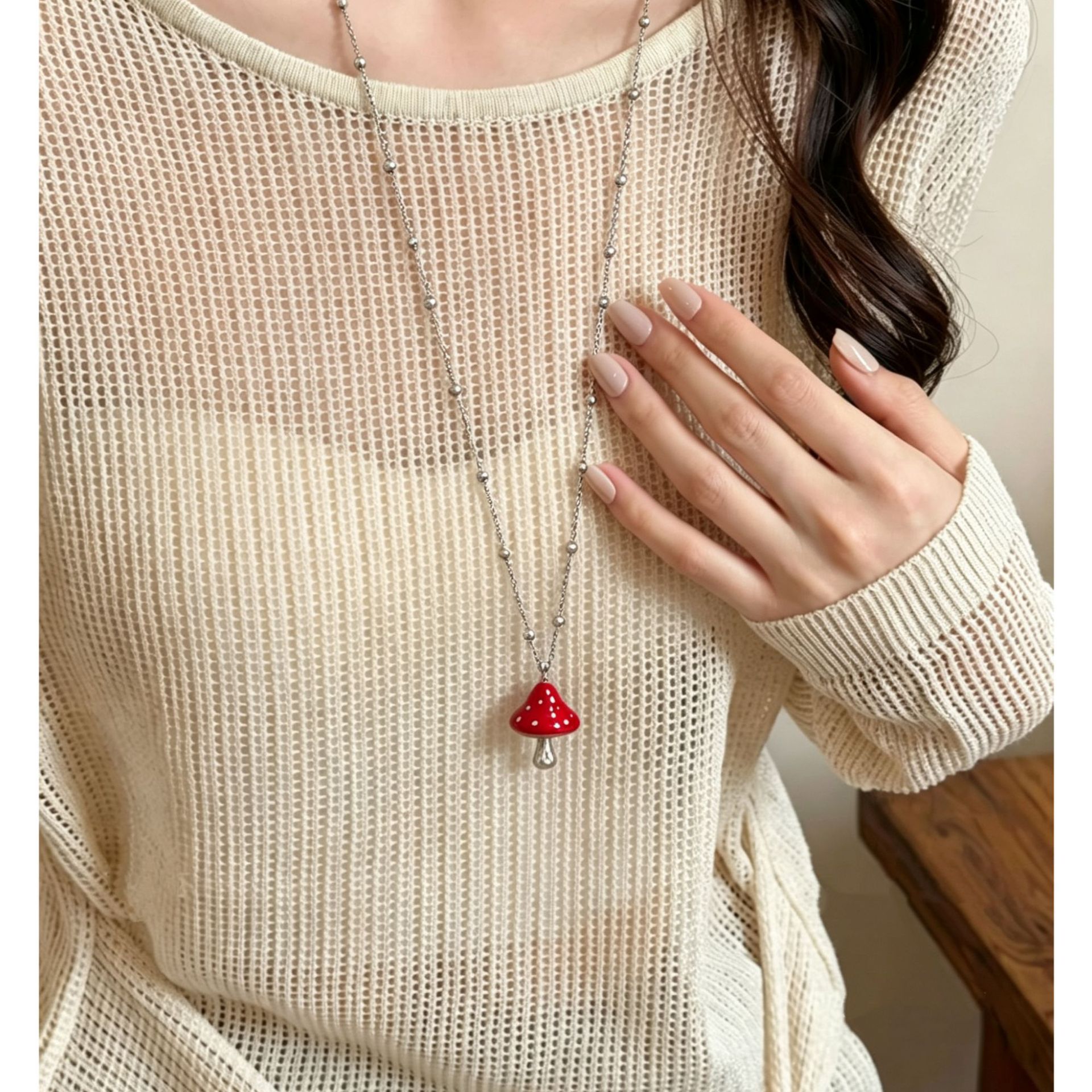 Titanium Steel Mushroom Pendant Necklace for Women, 70cm Chain