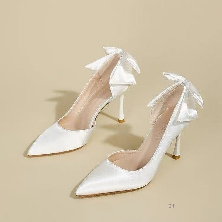 2025 New Style French High-Heeled Shoes for Women, Thin Heel, Satin, White, Shallow Mouth, Wedding Shoes, High-End Bridal Shoes 2025 New Style French High-Heeled Shoes for Women, Thin Heel, Satin, White, Shallow Mouth, Wedding Shoes, High-End Bridal Shoes