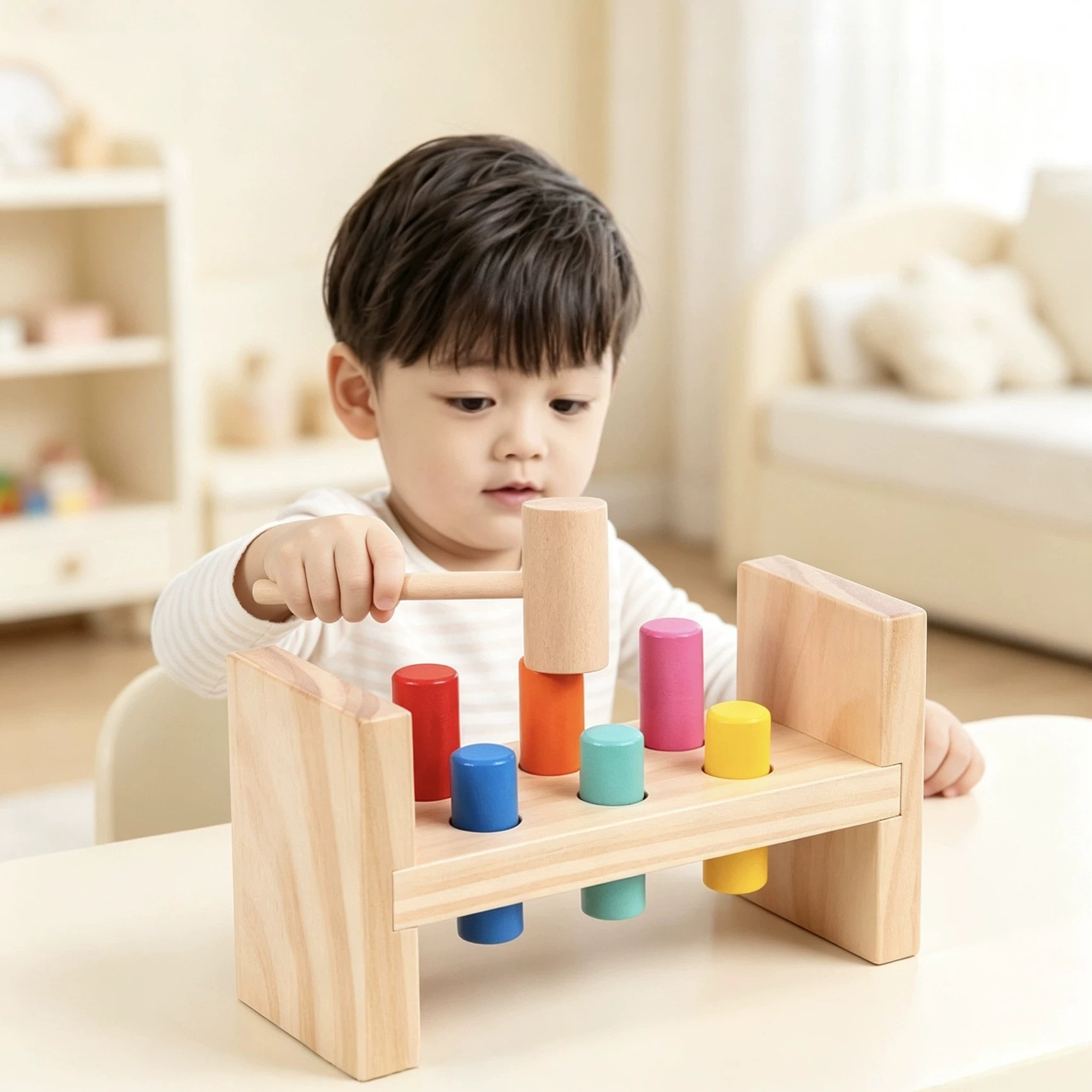 Wooden toy for 2-3 year old babies, educational clock, and striking table.