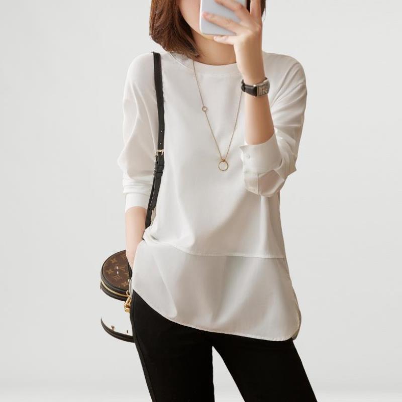 Japanese Light Luxury White Loose Long Sleeve T-shirt Top Women 2021 Autumn New Stitching Design Sense Shirt Women