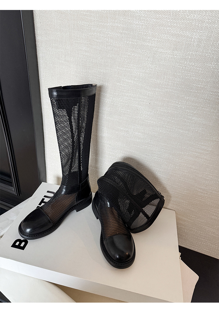 Boot nữ cổ cao hở lưới khóa dây rút đế dày thoáng khí — Ống tiêu chuẩn nâu, Ống rộng đen, Ống rộng nâu, Ống tiêu chuẩn đen chi tiết 12