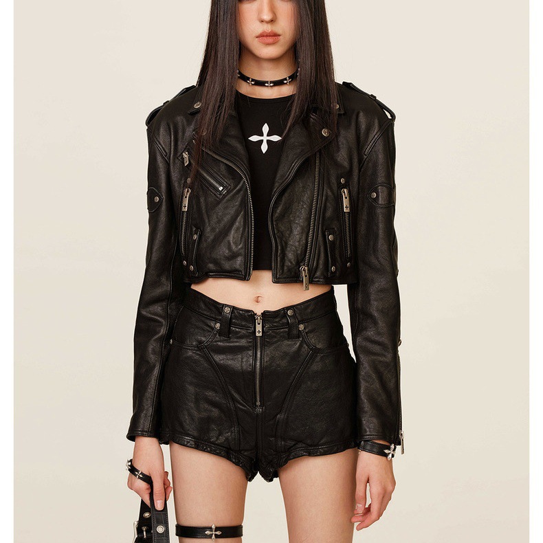 Sfk Wilderness Motorcycle Washed Sheepskin Short Jacket Zipper Short Leather Jacket for Women