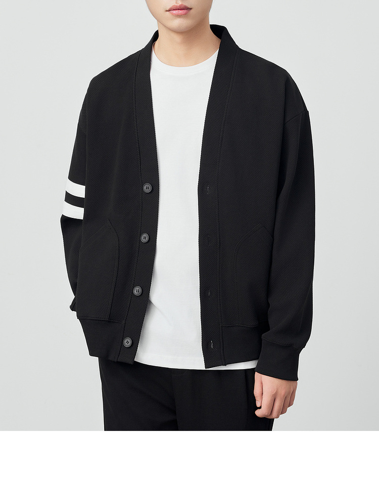 Áo khoác cardigan nam vải tuýt phối sọc tương phản kiểu mới — Màu đen chi tiết 2
