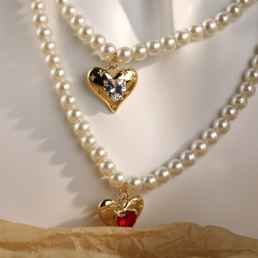 Retro Heart Shape Titanium Steel Necklace Pearl Artificial Rhinestones Stainless Steel Necklaces display picture 2