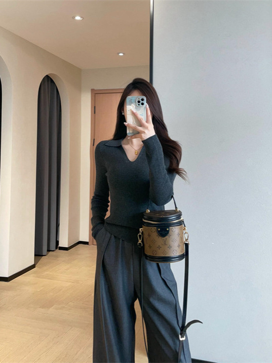 chao舒适羊毛混纺翻领针织衫高弹修身显瘦打底衫女2025秋冬新款|undefined