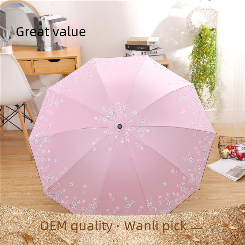 10 ribs reinforced night-blooming jasmine three-fold umbrella, beautiful flower umbrella, black rubber sunshade umbrella, sunshade umbrella 