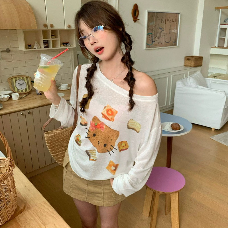 Good-Looking, Age-Reducing, Girly-Looking Long-Sleeved Round-Neck Slightly See-Through T-Shirt for Women, New Summer Style Printed Loose Sun Protection Cover-Up Cross-Border Good-Looking, Age-Reducing, Girly-Looking Long-Sleeved Round-Neck Slightly See-Through T-Shirt for Women, New Summer Style Printed Loose Sun Protection Cover-Up Cross-Border