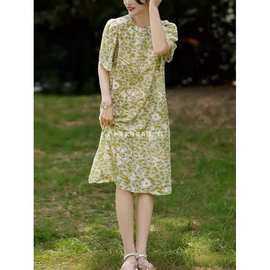 甜美减龄野生派优雅夏季靓丽花卉印花泡泡袖轻盈双绉桑蚕丝连衣裙