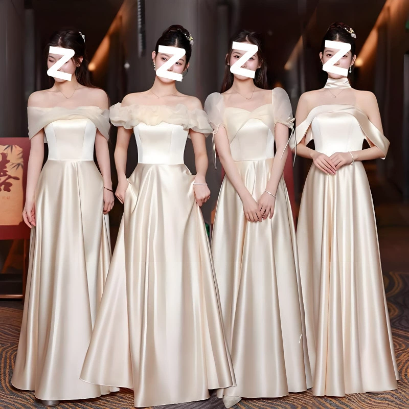 Платье подружки невесты 2025, новое, шампань, атлас, нишевое, высококачественное, для сестринской группы, ведущих, хора, женское, повседневное