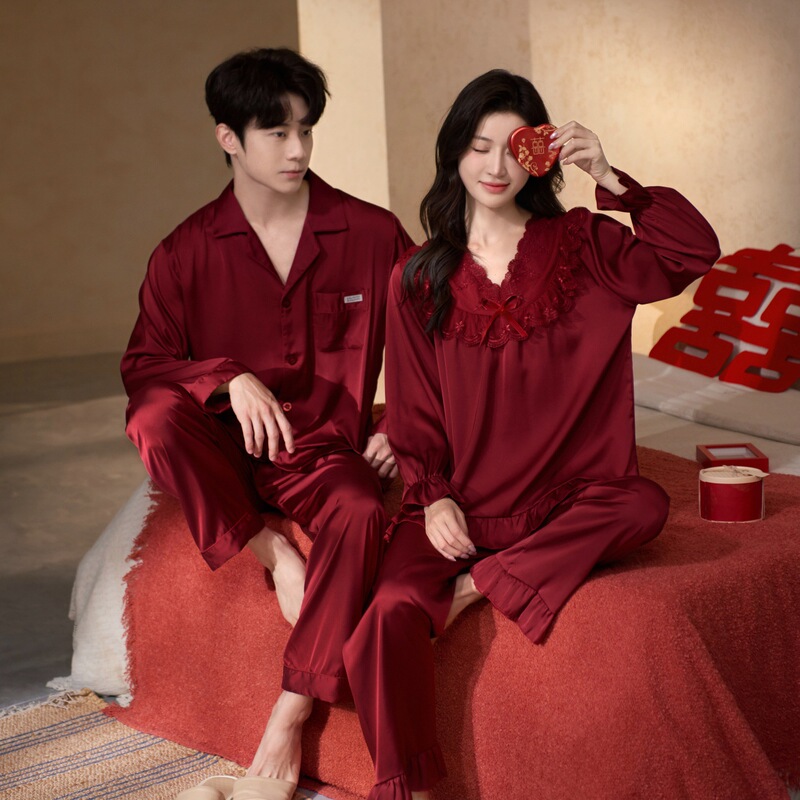 New Spring and Summer Ice Silk Cool-Feel Couple's Pajamas, High-End Long-Sleeve Silk Red Wedding Home Wear Set for Men and Women