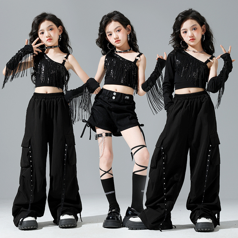 女童jazz爵士舞演出服女团露脐潮装街舞现代模特走秀练功流苏亮片