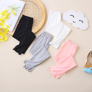 2024 Spring and Autumn Children's Fashion Simple Solid Color Leggings Small and Medium Girls Princess Ear Edge Elastic Slim Pants