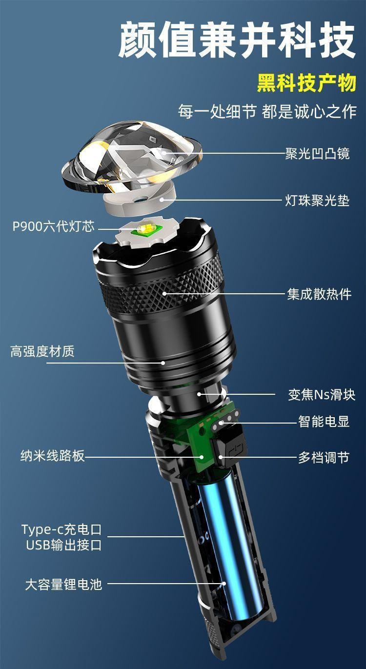 Super bright rechargeable flashlight for outdoor patrol, with zoom function, aurora beam, large floodlight, and laser beam, rechargeable