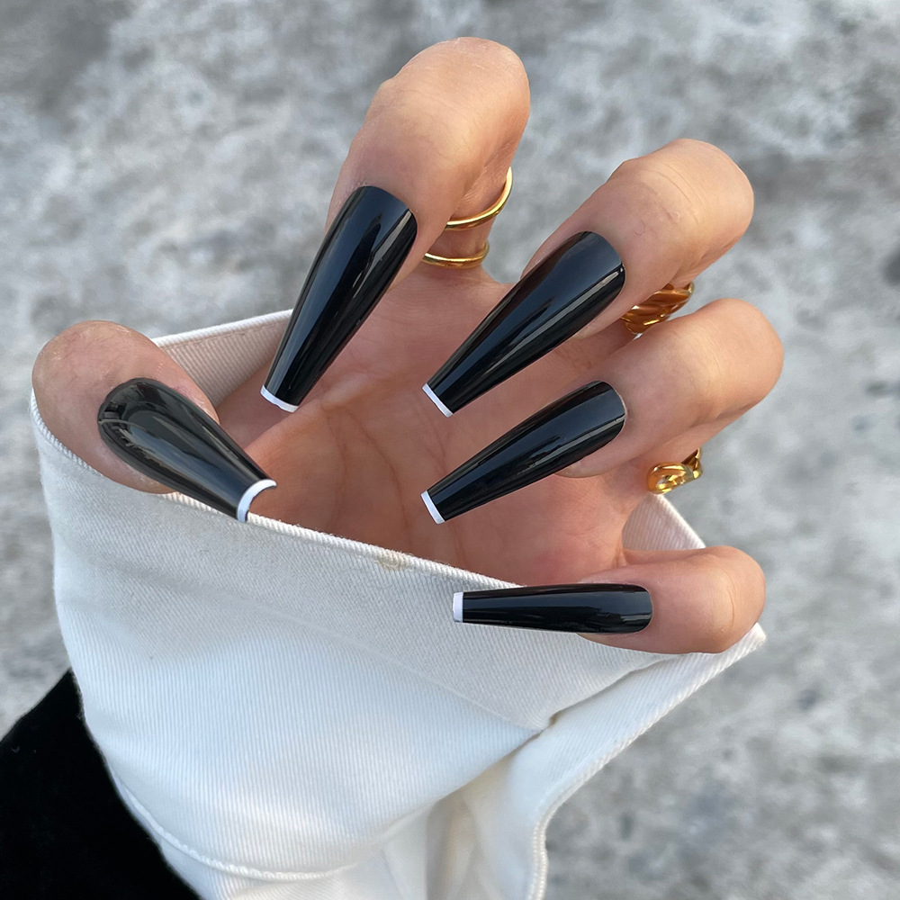 Pegatinas de uñas minimalistas negras con bordes blancos y brillantina, parches de uñas desmontables, diseño de cielo estrellado en degradado. image 1