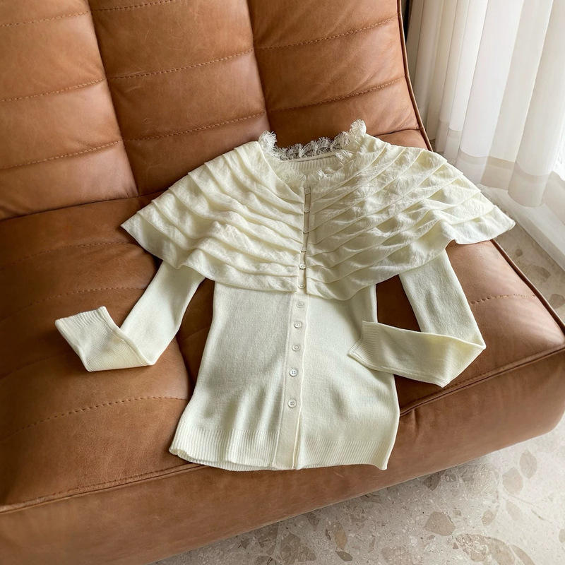 French-style gentle multi-layered pleated ruffle shawl slim-fit waist wool knit cardigan