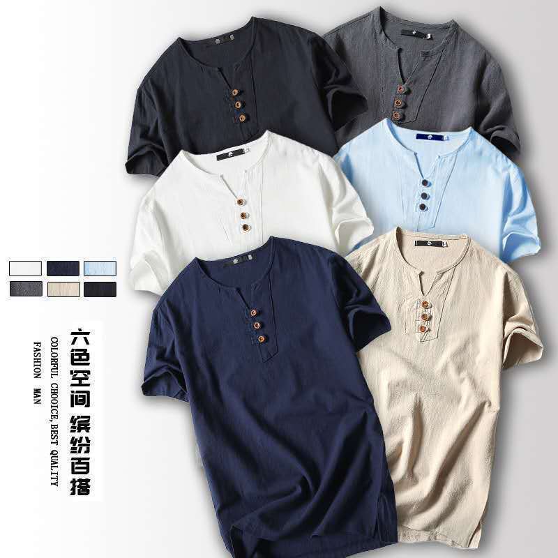 Summer Japanese Short-sleeved T-shirt Men's Vintage Cotton and Linen Half-sleeved Trendy Men's Thin Short-sleeved T-shirt Internet Popular Same Style