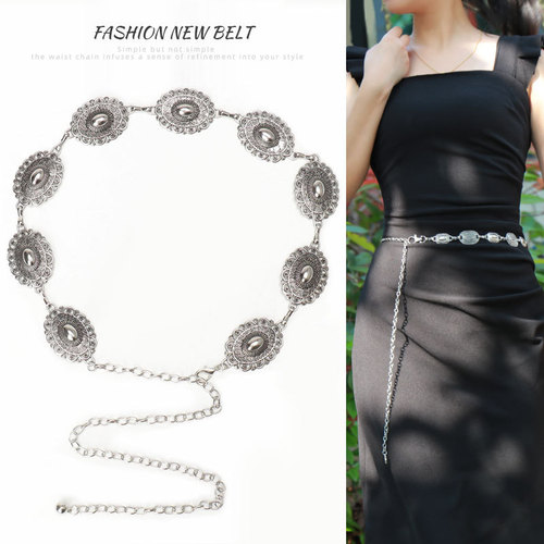 Engraved Pure Silver Five-Star Waist Chain for Women, Vintage Bohemian Style Decorative Belt to Match Dresses, Metal Butterfly Belt for Women