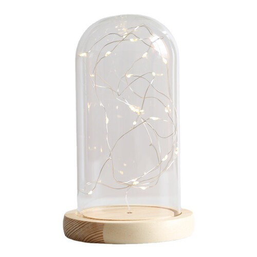 Eternal flower transparent glass cover base with light, hand-made soft clay doll dust-proof cover, LED copper wire light string light
