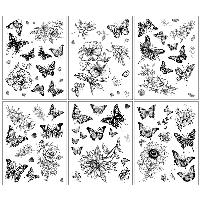 Cross-border Sketch Flower Butterfly Tattoo Sticker Advanced Sense Ins Black and White Rose Butterfly Simulation Tattoo Sticker