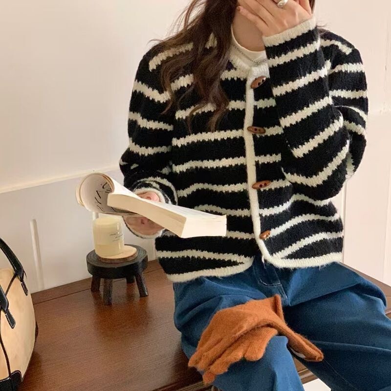圆领条纹毛衣女2025秋冬新款韩系开衫外穿长袖针织衫宽松百搭上衣|undefined