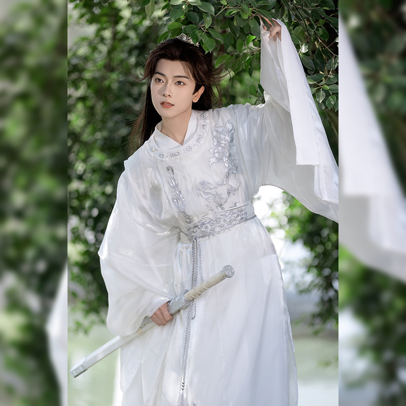 Luozhu [Yunchuan] White Unisex Spring/Summer Embroidered Ancient Style Fairy-like Flowing Robe Tang Dynasty Style Round Neck