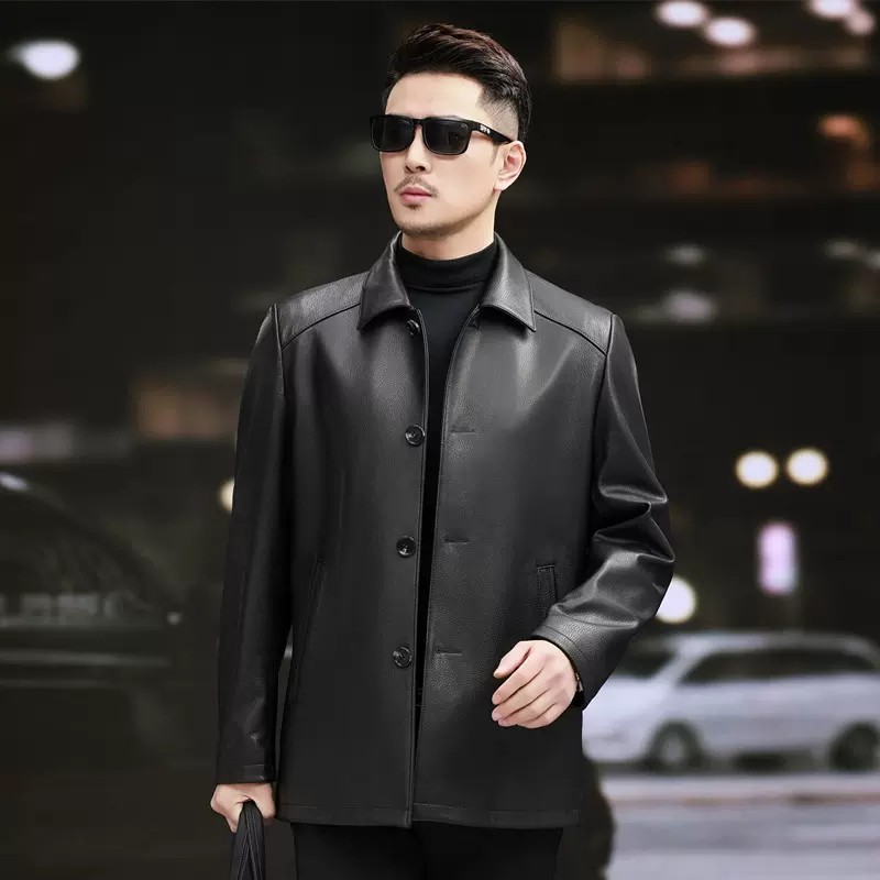 【专柜正品】头层山羊皮真皮皮衣中长款男士翻领皮夹克秋冬外套