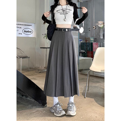 韓国系の中長のスーツのスカートの半身のスカートの女性の春と秋の灰色の高腰のa字のスカートの傘のスカートのワンピースの長いスカート